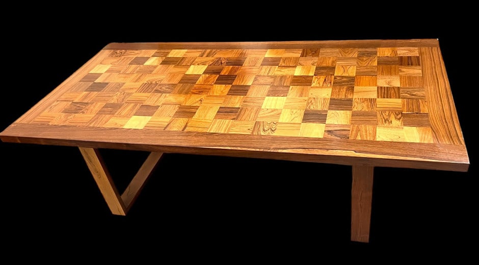 France & Daverkosen Coffee Table: Stamped "made in Denmark", France & Daverkosen label, marquetry Walnut top, teak base , 19.5 tall x 63 wide x 31.5 deep