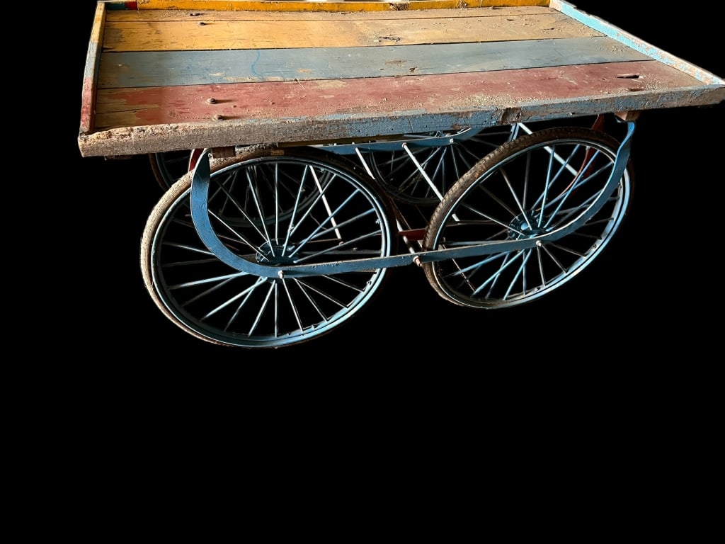 Vintage Market Trolly: Original paint, teak top, iron base with wheels, 32 tall c 63 long x 36 deep