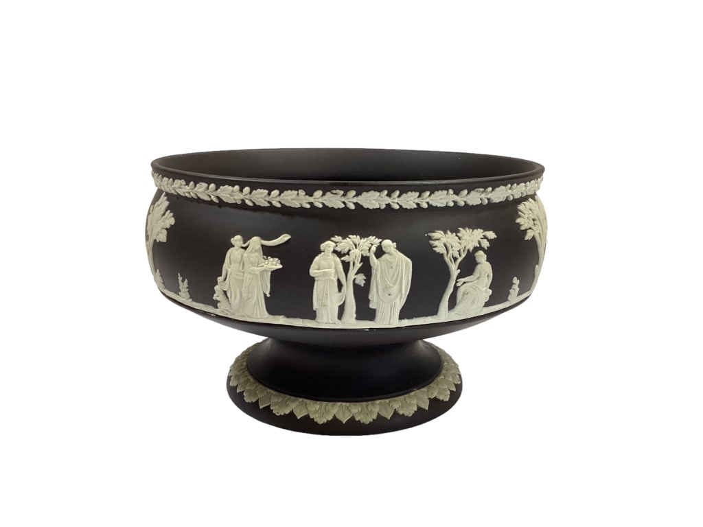 Wedgwood Imperil Black Basalt Pedestal Bowl: 8 inch diameter bowl, with neo classical relief figures surrounding the body. Wedgwood elegance is timeless. Line Item # 1