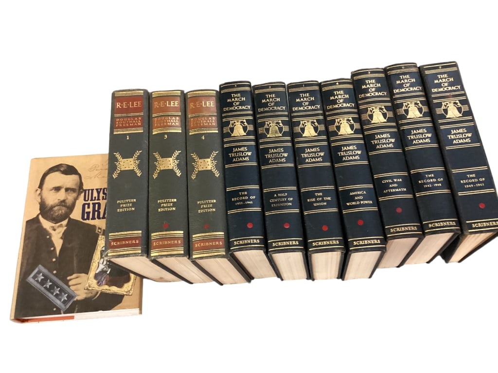 11 Books, Democracy: 7 volumes By James Truslow Adams, The March of Democracy 1949, Scribners, R.E. Lee vol 1,3,4 by Douglass Freeman, 1936 editions Personal Memories of Grant,