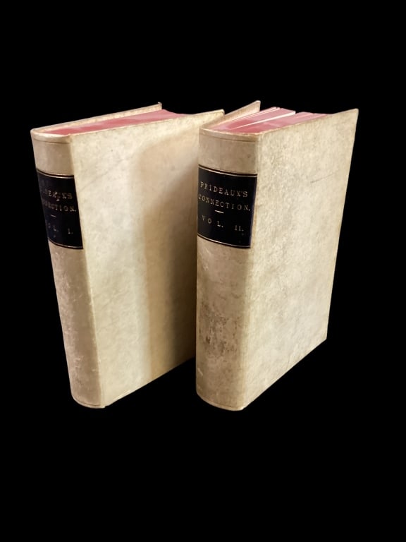 Prideauxs Connection, History of the Jews: 1838 in two volumes by Humphrey Prideaux?rebound vellum covers, gilt stamped title spines