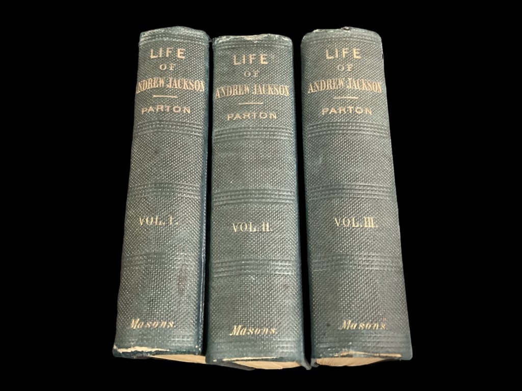 Life of Andrew Jackson, James Parton: Three Volume Set, published 1861, Mason Brothers New York, dark green pebbled cloth covers, gilt spine titles, with illustrations. * spine end rubs, tonal pages, inscribed front covers