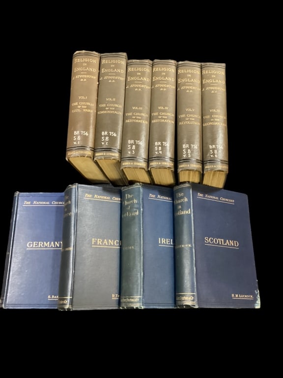 Books on Religious History: 6 volumes Religion in England, J. Stoughton, plus The Church in Scotland, Ireland, France, Germany in 4 volumes published 1891, by Baring Gould with maps, published in London