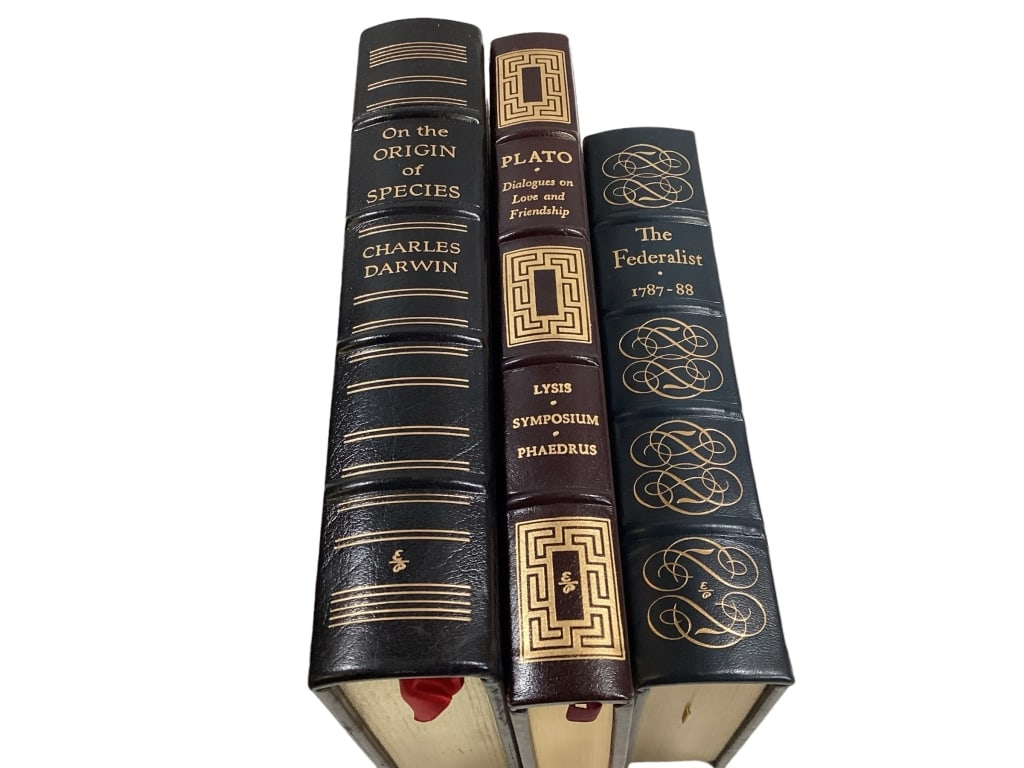 3 Classic Books; Plato, Darwin, The Federalist: All full leather bounds, by Easton Press.. Plato Dialogues on Love and Friendship, Charles Darwin On the Origin of Species, ( both printed in 1976), The Federalist papers by Hamilton, Madison, John Ja