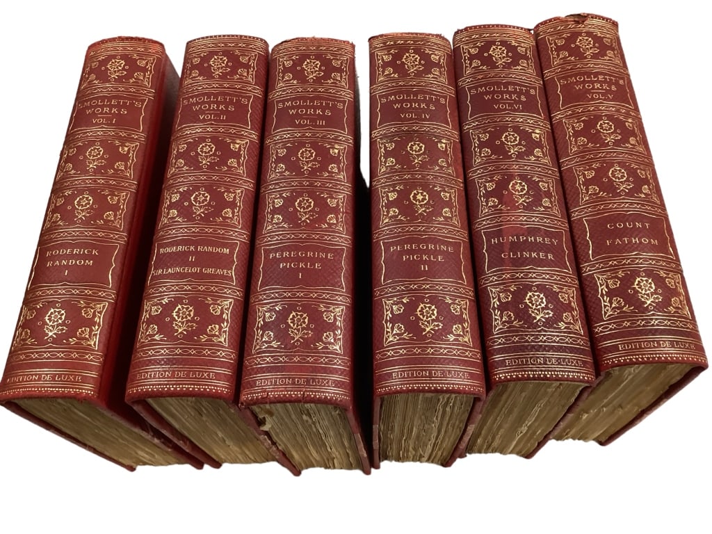 Smolletts Works, 6 Volumes: The Works of Tobias Smollett ..1902 Edition De Luxe, Glastonbury # 731/1000, half leather bound, marbled boards, matched set