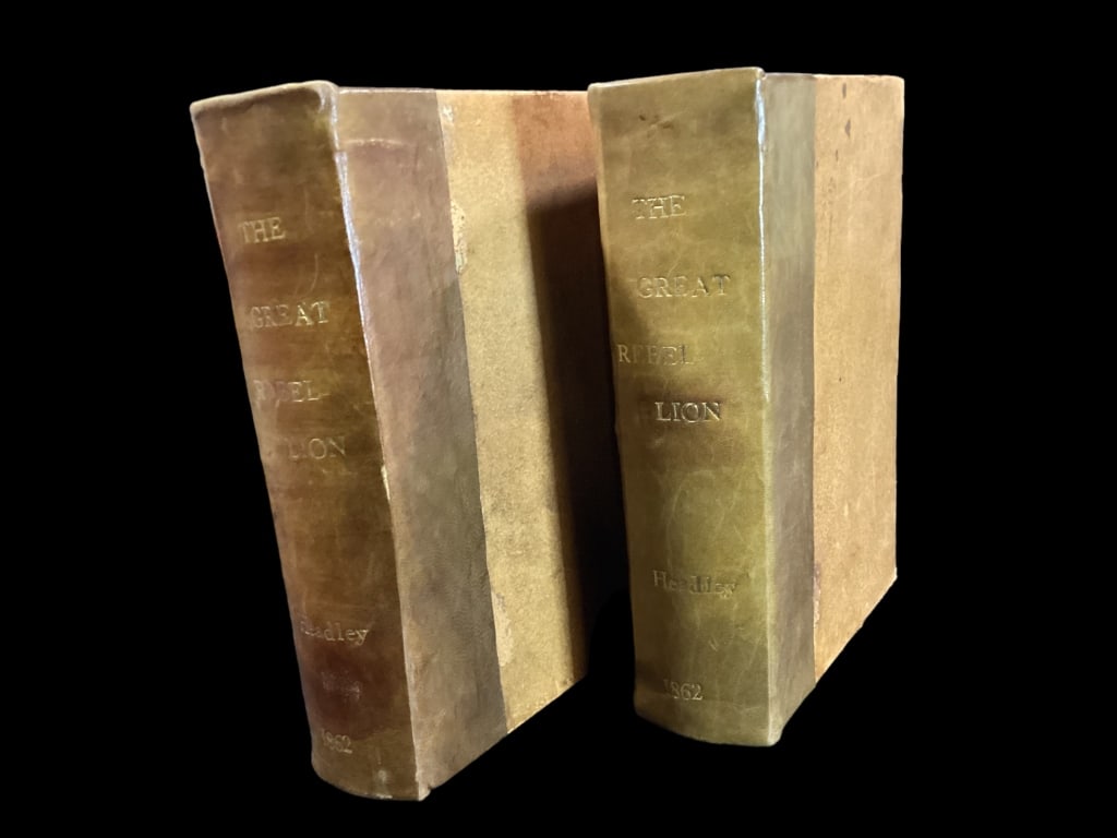 The Great Rebellion, A History of Civil War: In the United States, 1863, by J.T. Headley, published Hurlbut Williams and Company, with numerous steel engravings, recovered leather spines, with gilt titles, vol. 2 published in 1866. Clean pages w