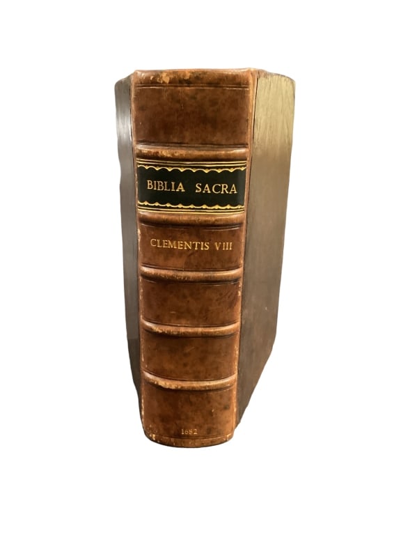 Biblia Sacra, 1682, Printed Under Clemente?s VIII: Leather re bound with old leather, gilt spine title, 5 x 7 x 2 inch volume, 894 pages plus index