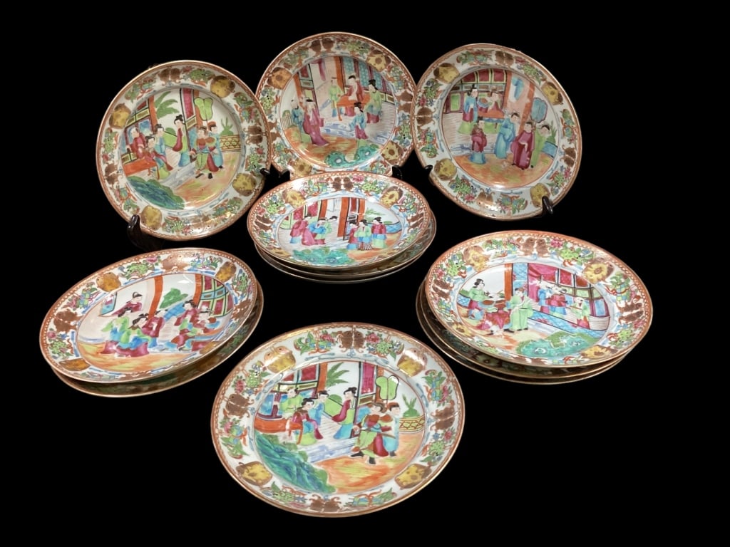Set of 12 Famille Porcelain Dishes: Rose Mandarin shallow 8 inch bowls, interior scenes with banded rims, * 2 with minor rim chips Line Item # 25