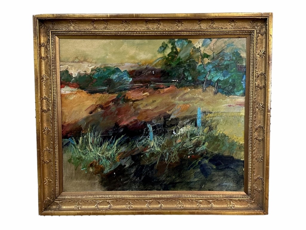 Untitled Landscape, Joan Smyly Durden: American, b. 1949..oil on canvas, signed Smyly lower right, sight 19.5 x 23.5 in..few light surface abrasions, paint loss, parcel gilt frame with wear to corners, not examined out of frame..Durden was