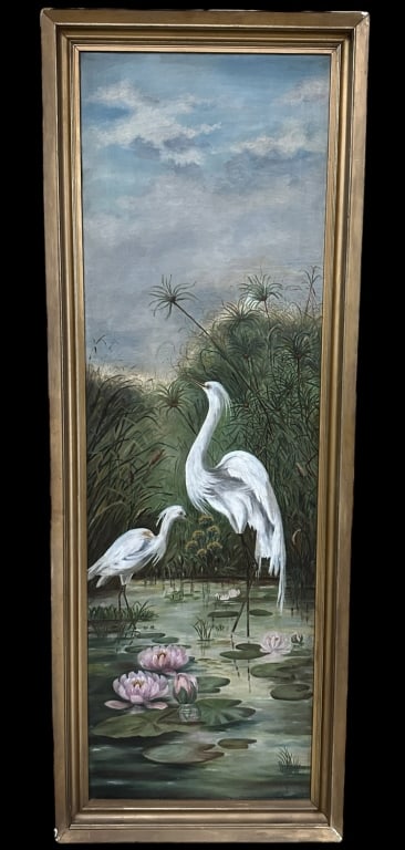 Victorian Painting of Cranes and Waterlilies (1 of 7)