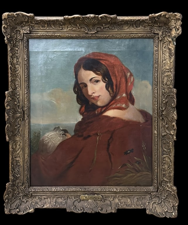 19th Century Portrait of a Lady with Child: Oil on canvas portrait of a Lady in red cloak with back to viewer, barely visible signature lower right, name plaque attributes sitter as Peg Woffington and artist as J. Phillip R.A., sight 23.5 x 19.