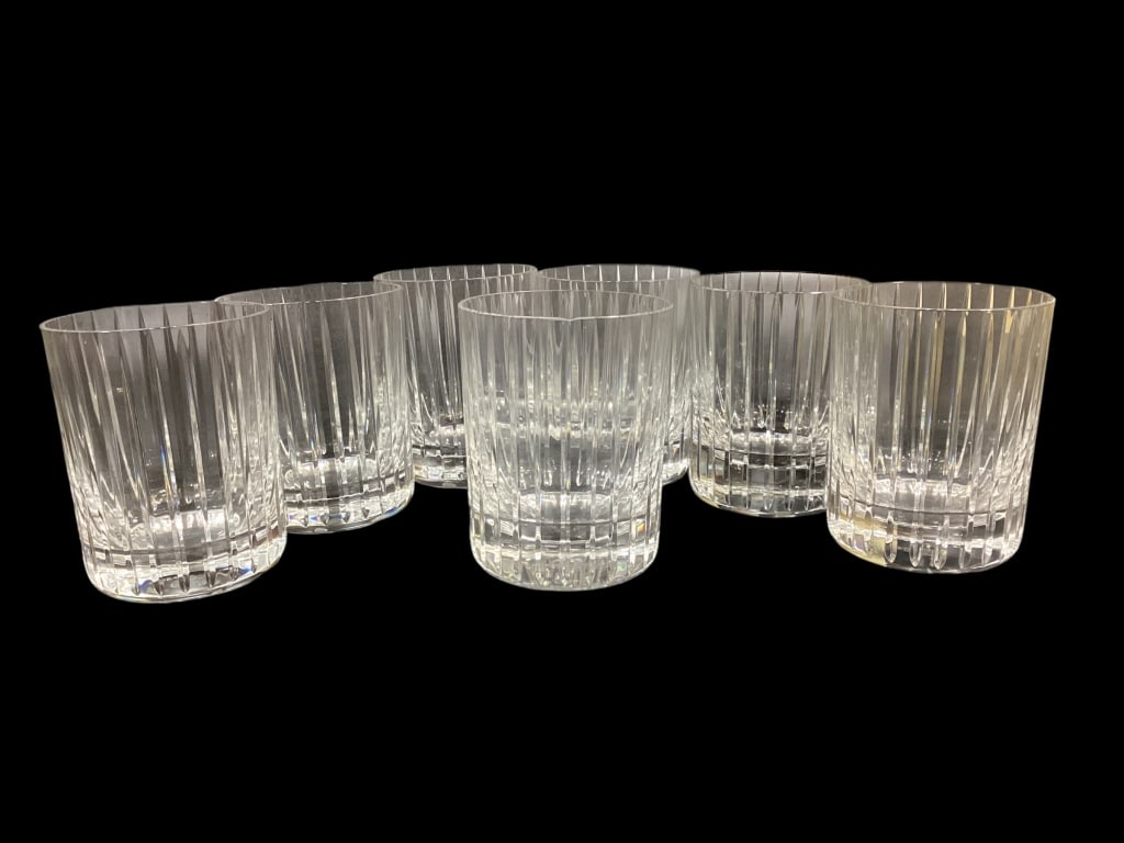 Seven Baccarat Old Fashion Tumblers: Pattern is Harmonie, featuring verticals lines and heavy base, each 4 inches tall, bearing the Baccarat logo* one tiny rim chip