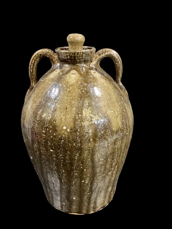 Steve Abee Ovoid Jar: 14 inches tall, diminutive loop handles, fitted spout with lid, glossy glaze with drip runs, signed base