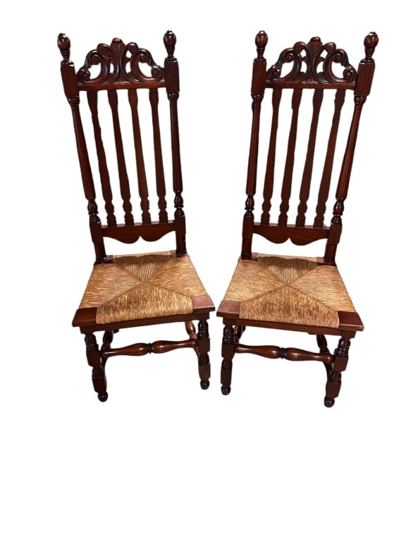 Pair Split Spindle Side Chairs: C Dodge Furniture Co, rush seats, 47 1/2"h. x 18 1/2"w. x 17"d.