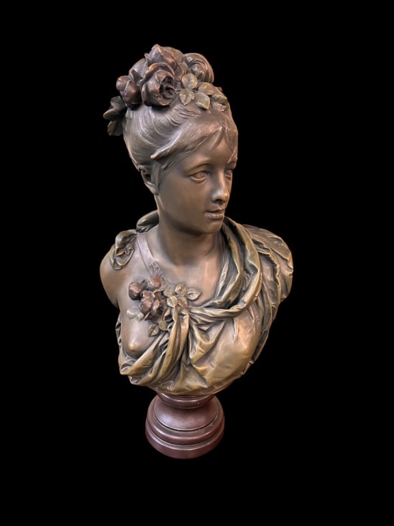 Semi-nude Female Bust in the Style Belleuse: Chalkware with bronze patina, 30 tall x 15 wide x 11 deep