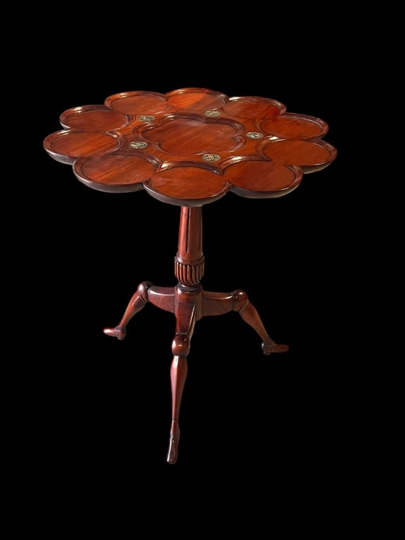 Mahogany George 3rd Style Tilt Top Stand: Contemporary, Matiland Smith quality, brass putti medallions, carved shoe foot, 30 tall x 27 wide x 26 deep