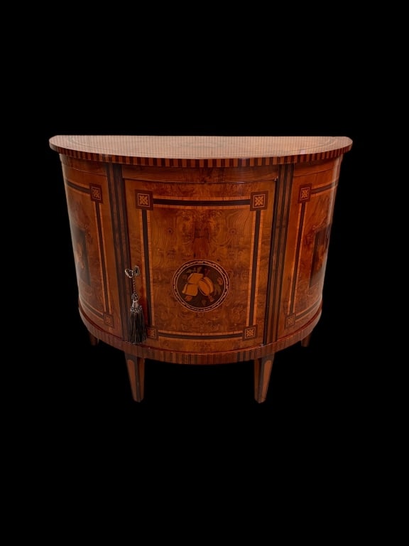 Inlaid Demilune Cabinet: Early 20th C, burl fruitwood veneer, satinwood inlay, 35 tall x 22.5 wide x 20.5 deep