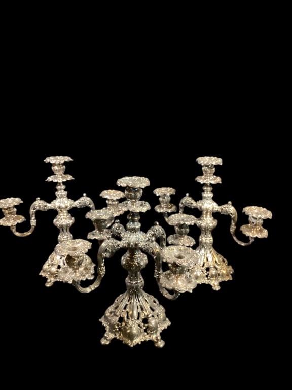 Grand Reed and Barton Three Piece Candleabra Set: Pair of Renaissance Double light Candleabra with a 5 light matching center Candleabra? each marked at base 800 with Reed and Barton.. Line Item # 239