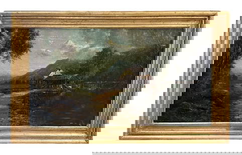 Hudson River Valley, manner of Edmund Darch Lewis: American, 1835-1910..oil on canvas, signed lower left and dated 1880, with nameplate, attribution not verified, sight 19.5 x 35.5 in., housed in gilt frame..craquelure, repairs and repaints, bowed can