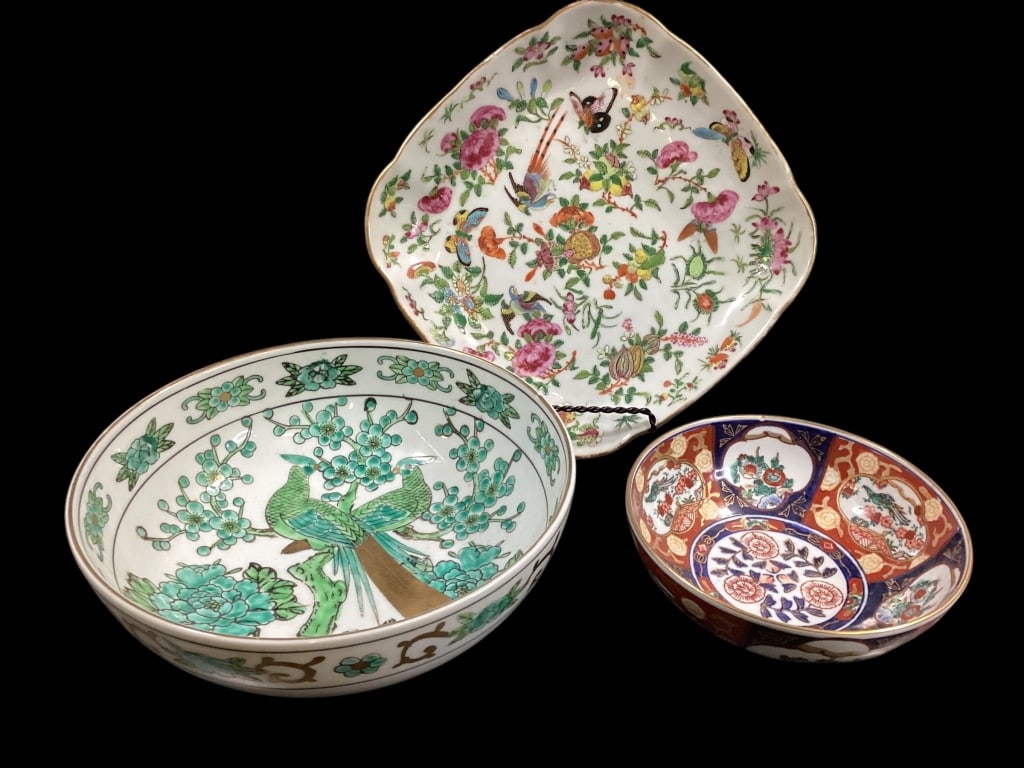 Famille And Imari Porcelain: Famille Rose plate 10.5 inches birds, butterflies and floral, Imari 9 inch bowl with birds in flowering tree branches, teal and green on blanc ground, gilt rimmed, 6.5 inch smaller Bowl in traditional