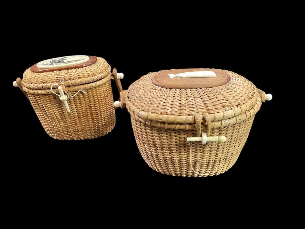 Two Nantucket Friendship Basket: Contemporary 6 x 8 inch with swing handle, oval plaque at lid of ducks in flight, marked Barlow to base, 7 x 9 inch basket with attached bone Whale at lid, and pin h closure, unmarked