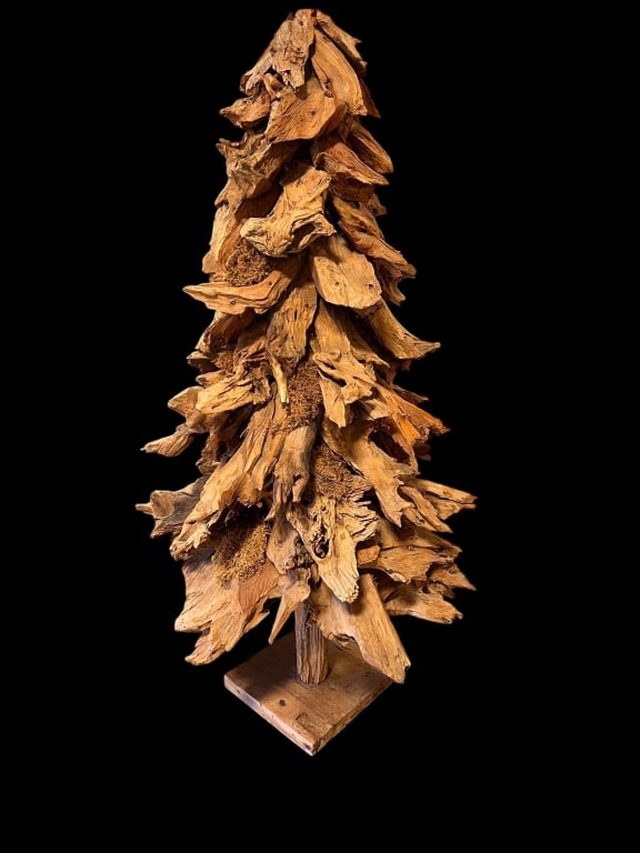 Vintage Driftwood Tree: Teak driftwood on teak base, complete with decorative moss, 72" tall, base is 15 x 15