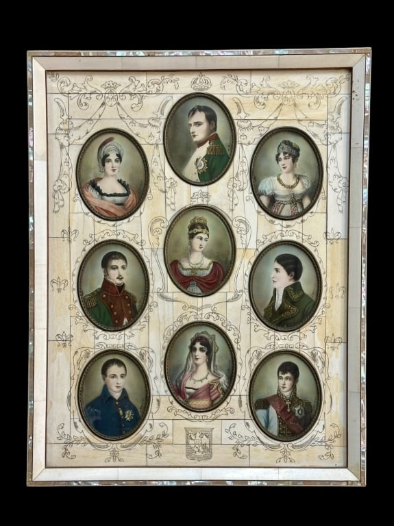 Bonaparte Family Miniature Oval Portraits: Group of 9 hand painted miniature portraits, each approx 3.25 x 2.5 in., all signed Renoier, oval metal frames inset in bone and mother of pearl frame, verso with affixed labels, incised swag and flou