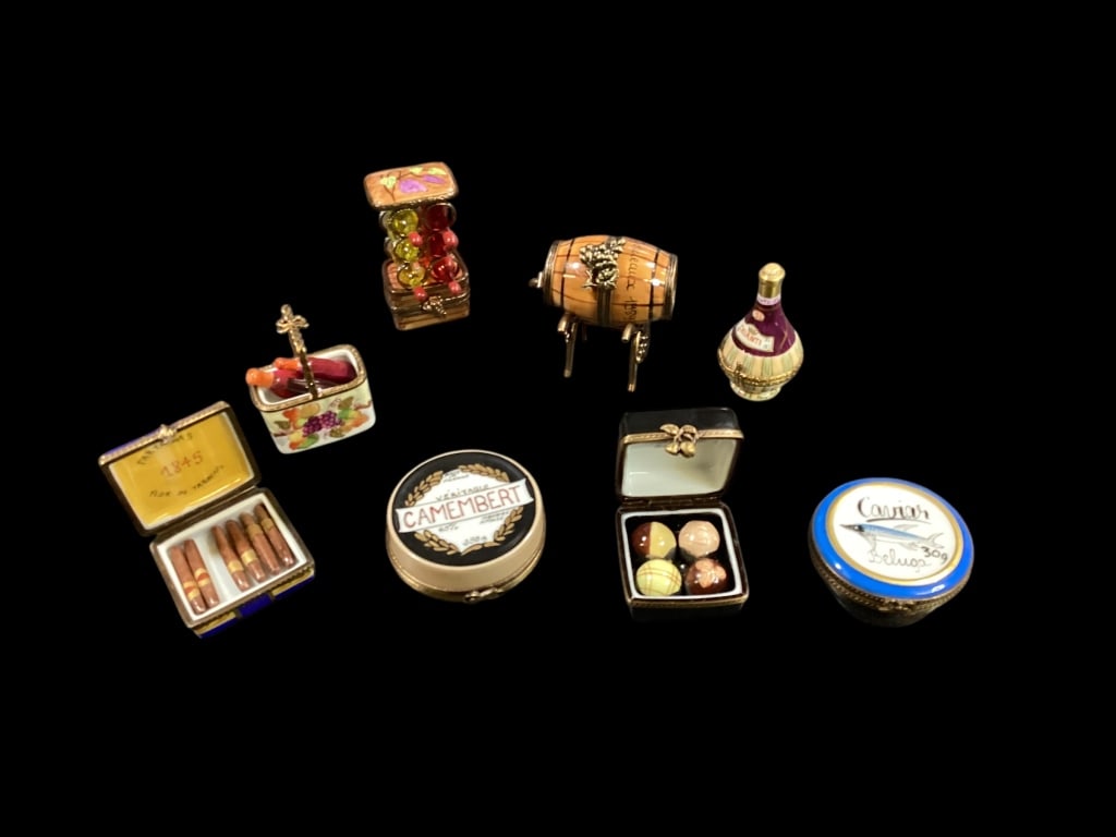 Eight Porcelain Trinket Boxes: Great grouping of Wine, Cheese, Caviar and Chocolates with after dinner cigars, most signed Limoge?wine bottles in rack, truffles in box, cigars in box?