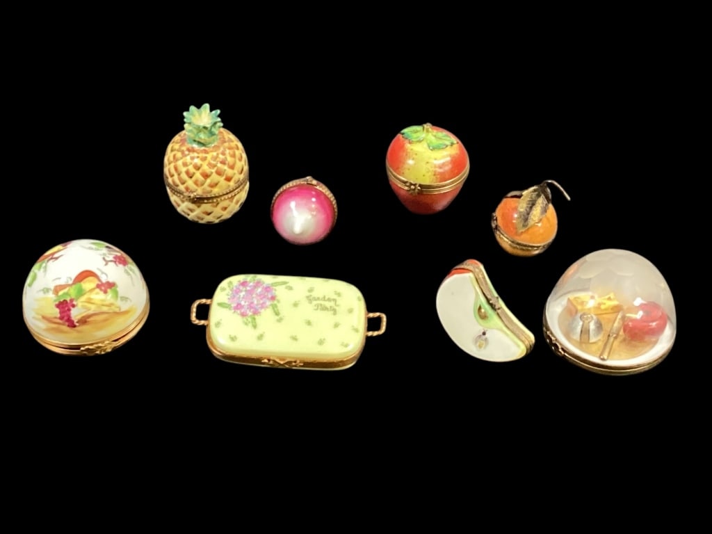 Eight Limoge Porcelain Trinket Boxes: Fruits, vegetables, Garden Party basket, wine and cheese under glass dome