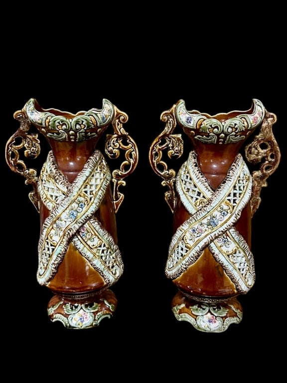 Pair Antique Majolica Double Handle Vases (1 of 6)