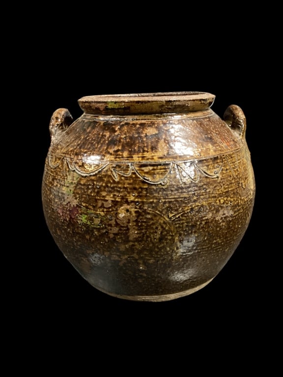 Catawba Stoneware Jar: Bulbous Jar, 12 x 10 inches, double handles, brown gloss glaze, flat rim, some line decoration at shoulder..