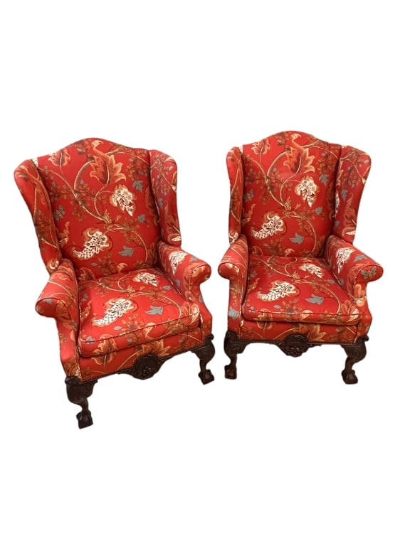 Pair Chippendale Wingback Chairs (1 of 6)