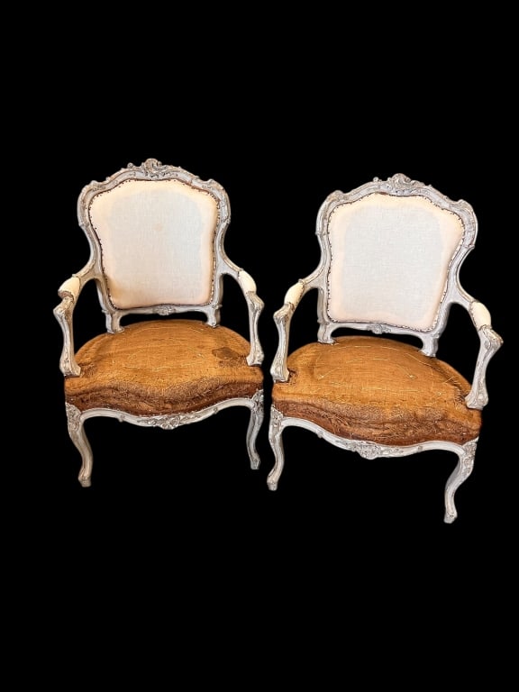 Pair French Louis XV open arm chairs: Late 18th century, original paint, need reupholstered, minor losses