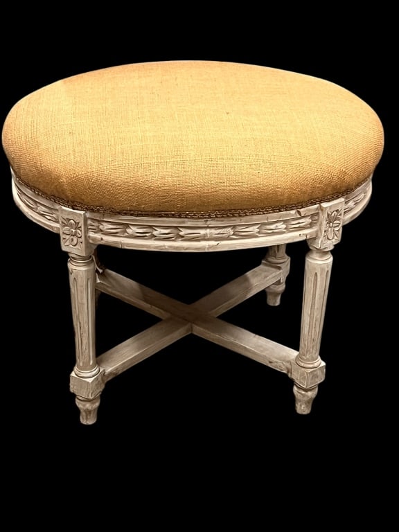 Gustavian Ottoman: Late 19th C, newer paint, burlap upholstery, 21 tall c 27 wide x 20 deep
