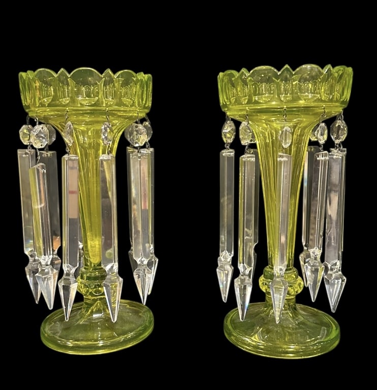 Pair Deco Canary Mantle Lusters: Black light reactive, round base with fluted column, 7.5 in prisms *few chipped points, few shorter prisms*, excellent condition..each luster 11.25H x 5.5W x 5.5D inches