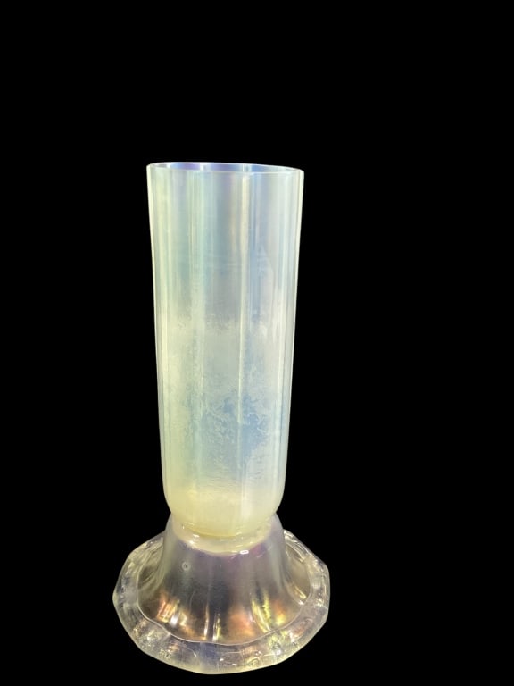 L.C. Tiffany opalescent Vaseline Favrile Vase: Signed L.C. Tiffany, 8.5 inch cylinder vase, reeded column, with shaped base.