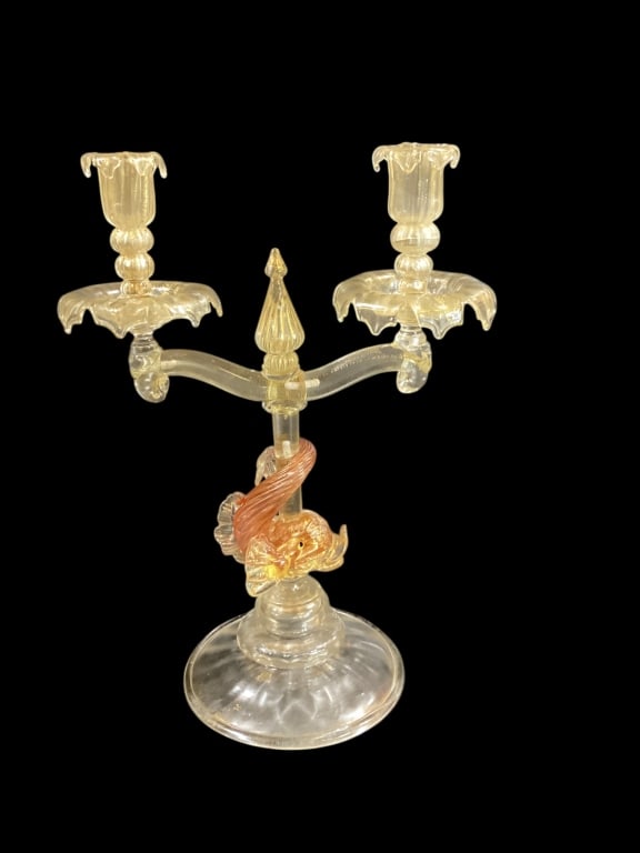 Murano Blown Glass Candleabra: A nice 14 inch tall Dolphin wrapped post Candleabra with branch arms supporting double candle cups. The dolphin fish in pink to gold sparkle with the branches being gold flake