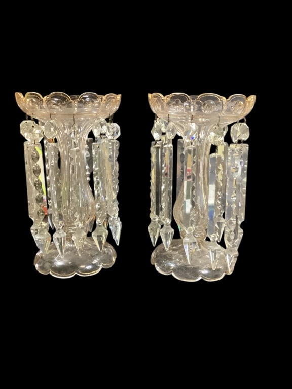 Pair Victorian Mantle Lusters: Large gilt decorated lusters, with scolloped rims, arched base foot, panel columns. All with gilt trim. 10 inch hanging brilliants Line Item # No #