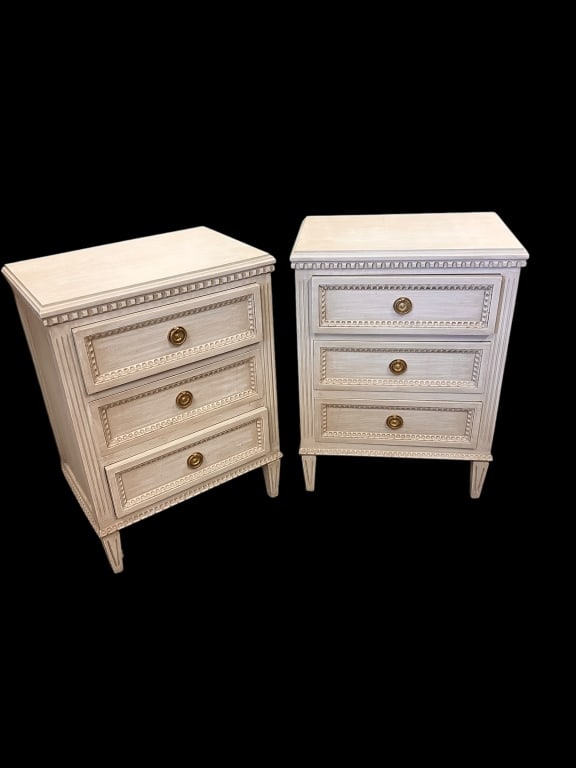 Pair Gustavian Commodes: Early 20th C, newer paint, 34 tall x 25 wide x 16 deep, one has small blemish on top
