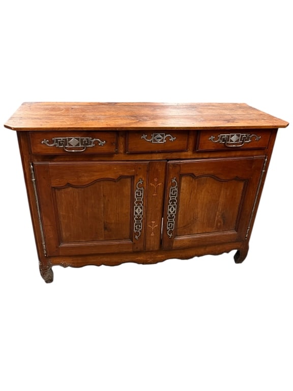 Inlaid Country French Sideboard: Mid 19th C, Floral inlay, no interior bottom, 39 tall x 56 wide x 21 deep