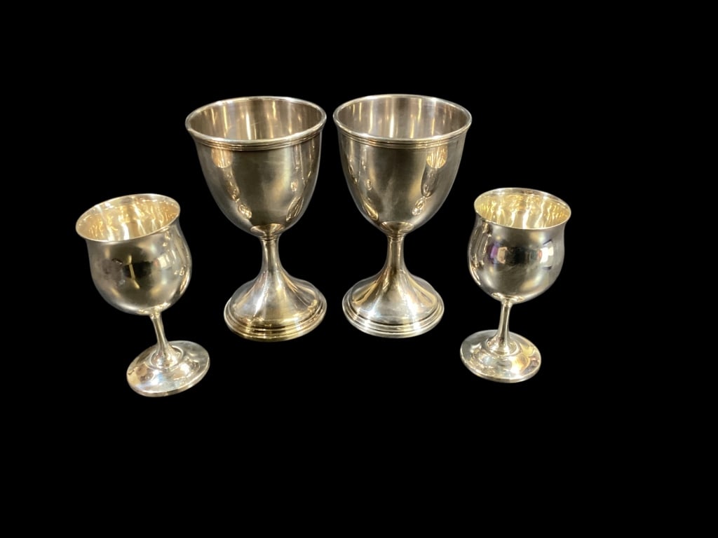 Four Sterling Silver Goblets: Pair Reed and Barton 5 inch wine stems, pair 6.5 inch goblets. 18.28 total ozt