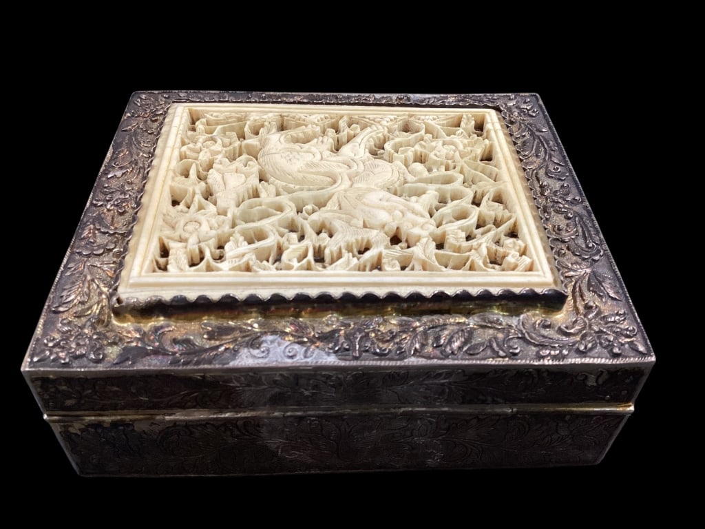 Sung Chinese Silver Box: Zee Sung Chinese silver box, hinged lid with intricate carved bone panel showing a dragon, Repousse foliate overall 3.5 x 4 inches, stamped Sung. Circa 1920. * needs polishing