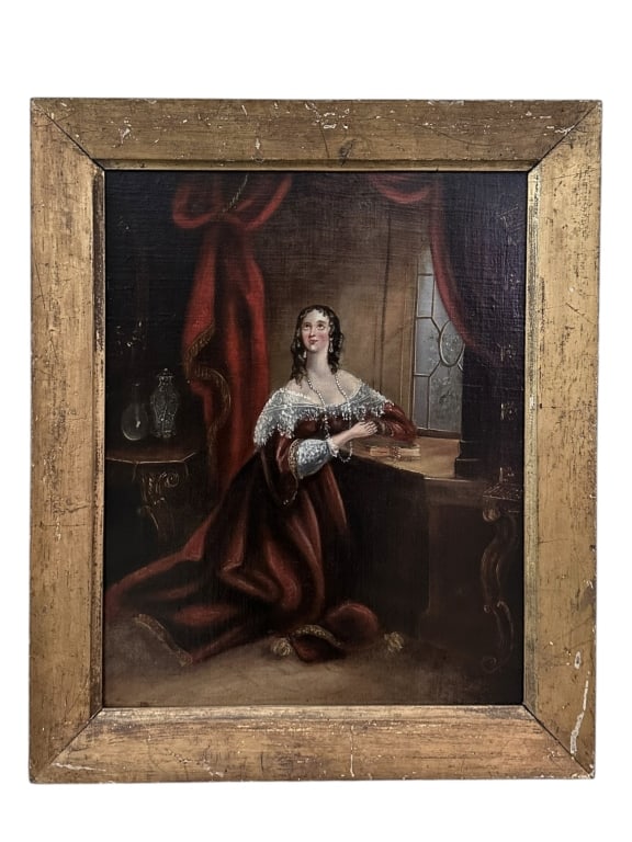 Portrait of a Lady in Devotion: Late 19th century, oil on canvas, no visible signature, sight 19 x 15 in., giltwood frame..has been lined *conservation notes on verso*, fills/inpaints, craquelure, surface dust, frame with age wear a