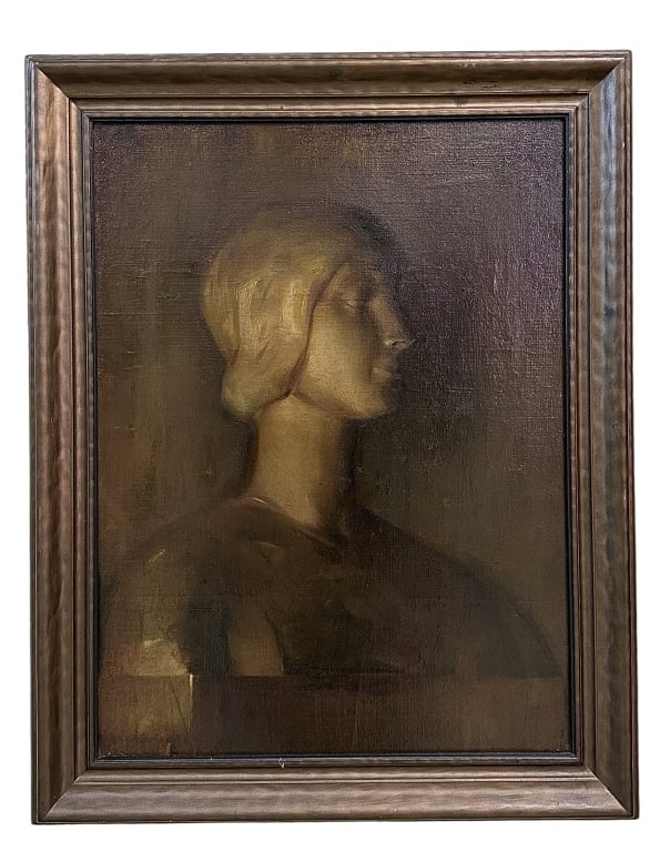 Still Life with Bust, Regina Dorland Robinson: Oregon, 1891-1917..oil on canvas, signed lower left, sight 23.5 x 17.5 in., Rogue Gallery label attached to verso, molded frame..surface dirt, scattered light abrasions, craquelure, canvas surface wit