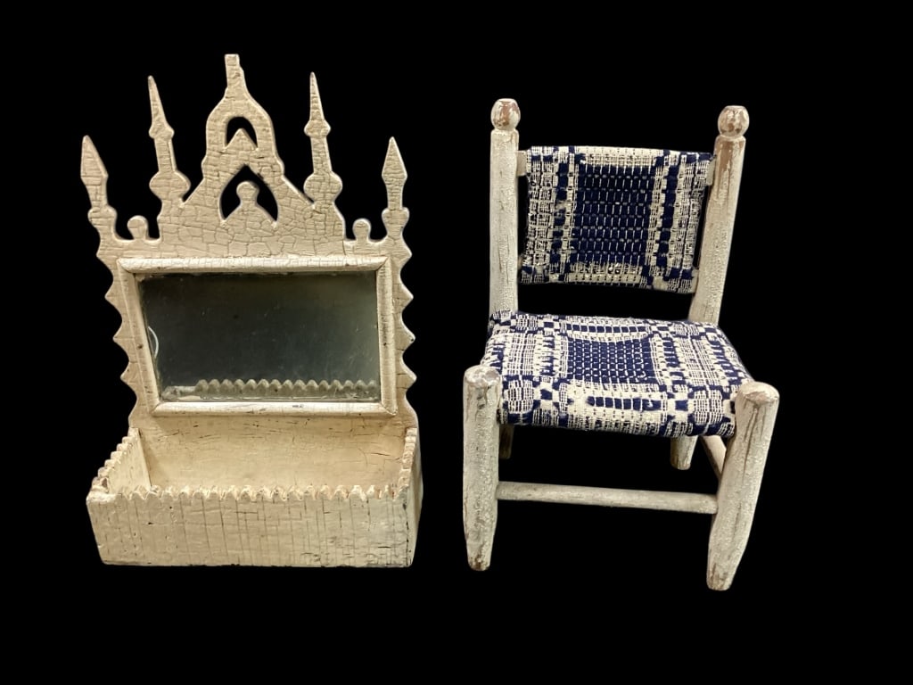 Tramp Art Shaving Mirror, Miniature Chair: Tramp Art Carved Shaving Mirror, 15 x 9 inches, framed mirror with pierced carved upper, saw tooth border?12 x 8 inch miniature chair, carved posts, tapered legs, seat and back made from old blue and