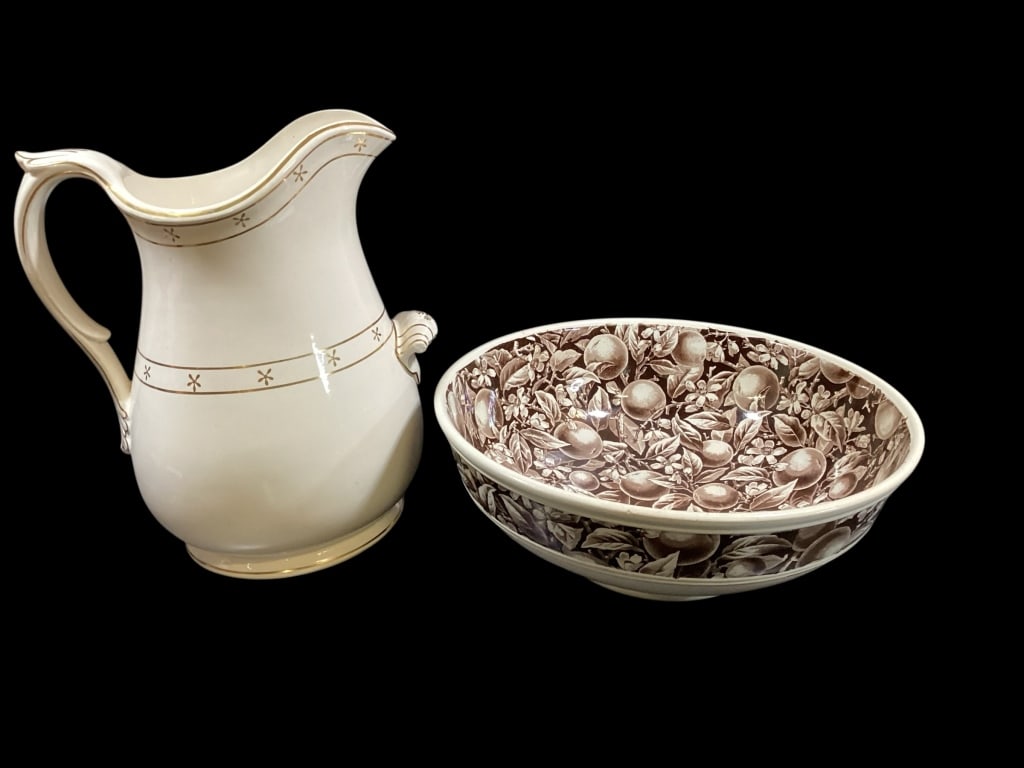 Large Davenport Wash Pitcher, English Washbowl: Hotel Size pitcher in white with Gilt trims, 24 inches tall, with wide curved handle, hand support, pared with an English Ironstone washbowl at 16 inches. Brown fruit and Tree Brach design