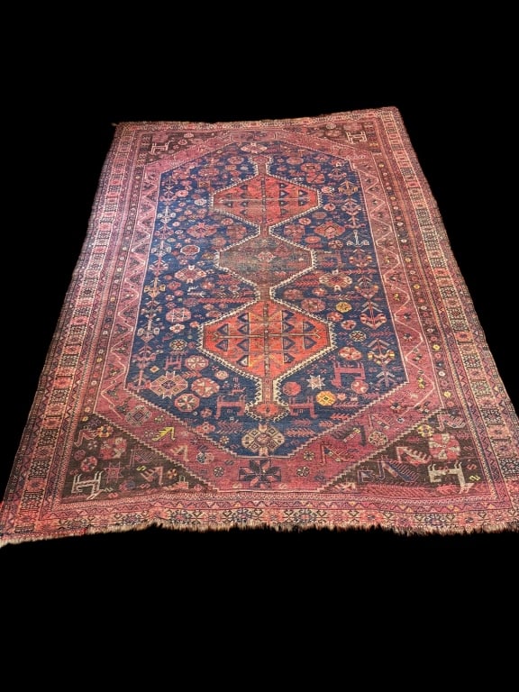 Antique Hand Knotted Turkish Hunt Rug: Traditional colors, animal motif throughout, minor repairs 110 x 75