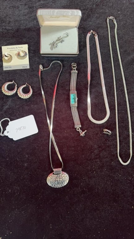 Silver dramatic pieces: Heavy silver chains Faux silver hoops 925 SS Saddle river watch bracelet