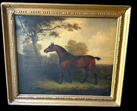 Oil on Canvas British Stallion "Jock": Mid 19th C, has been relined, good overall condition? minor loss by tail, see photos, 35 by 30 framed, frame has several repairs, see photos