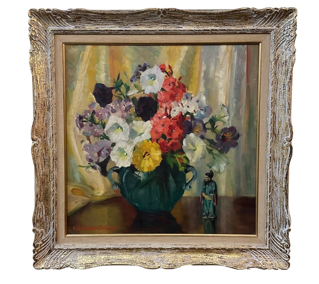 Still Life with Figure, Isabel Branson Cartwright: American, 1885-1966..oil on canvas, signed lower left, sight 19.5 x 19.5 in., linen liner and gilt composite frame, Newman Galleries label on verso..surface dust, otherwise good estate condition, ligh